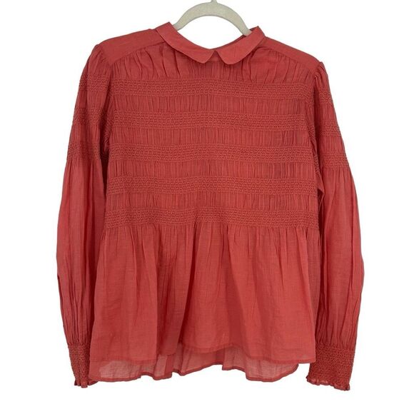 Free People Tops - Free People Gauze Cotton Blouse Size M Long Ballon Sleeve Coral Cottage Boho